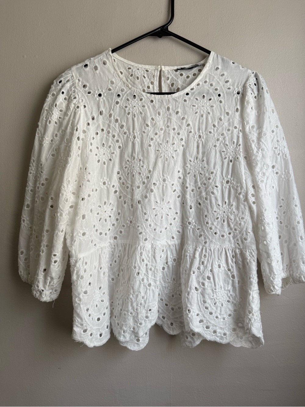 Vintage White Eyelet Embroidered Cotton Peplum Blouse Medium Boho Cottagecore